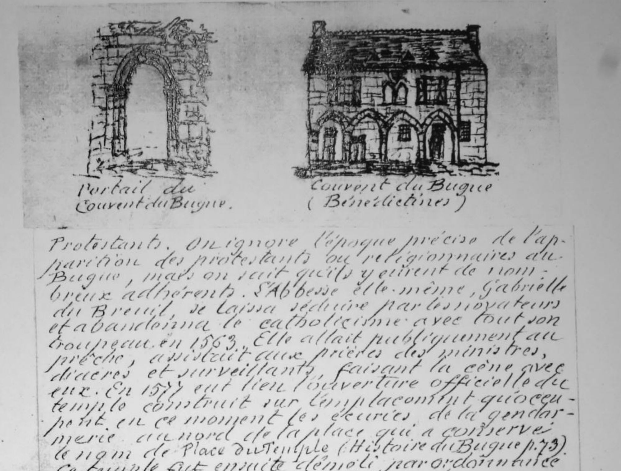 Gate and remains of the convent of Le Bugue according to the manuscript of Canon Hippolyte Brugière