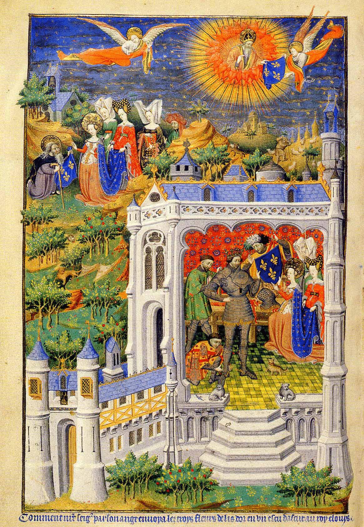 Clovis receiving the fleur-de-lis, Illuminations from the Bedford Hours, 15th century