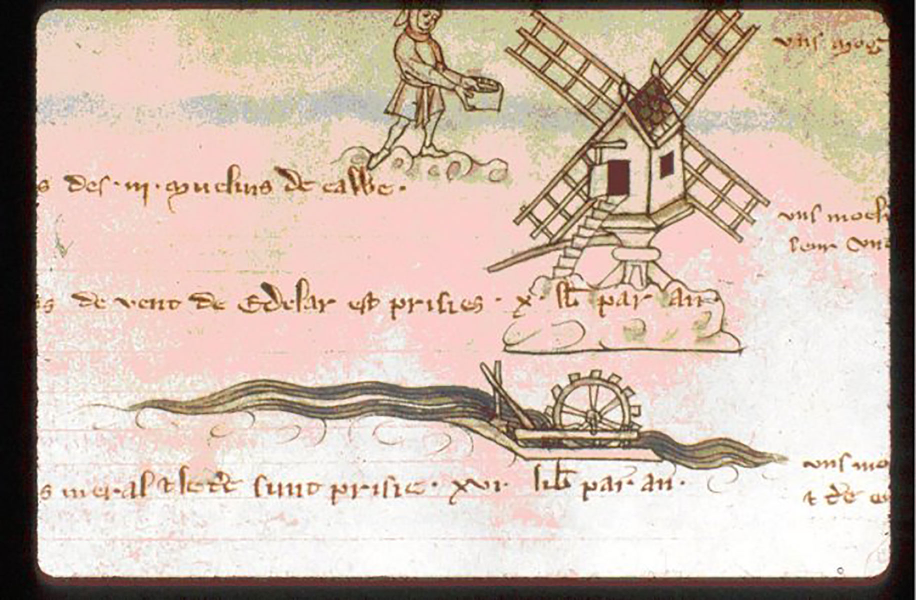 Moulin à eau, vent – Livre des comptes du Vieil Rentier (vers 1270) – Bibliothèque Royale – Bruxelles