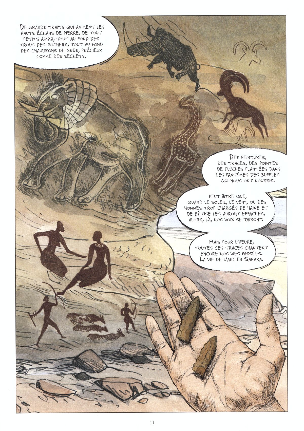Page from the comic book « Tassili, une femme libre au Néolithique » by Maadiar and Fréwé, stressing the importance of preserving the rock art of Tassili n’Ajjer, stunning evidence of the life of the first pastoralist groups in the central Sahara.