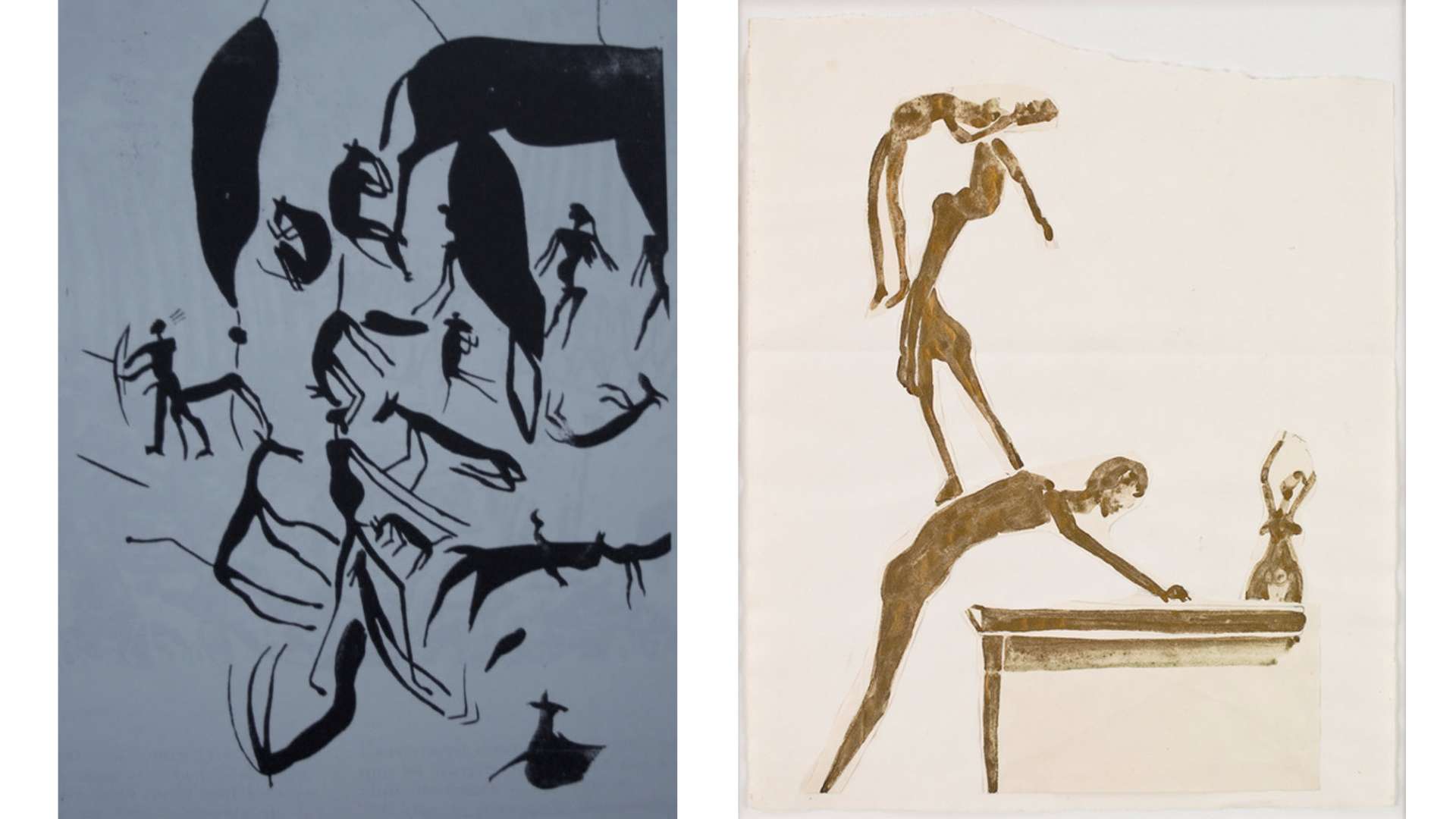 Leo Frobenius “MKOTO SHELTER” Southern Rhodesia, fragments “of men and animals sitting in a strange way” in “L’art africain” Cahiers d’art, Paris 1930. On the right, “CIRCUS ARTISTS” (acrobatics) by Joseoh Beuys, circa 1954, pencil and gold paint. (coll. Helga and Walter Laub).